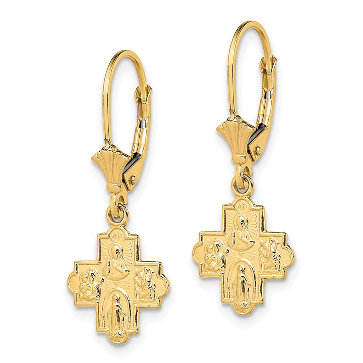 14K Yellow Gold Small 4-Way Medal Cross Dangle Leverback Earrings