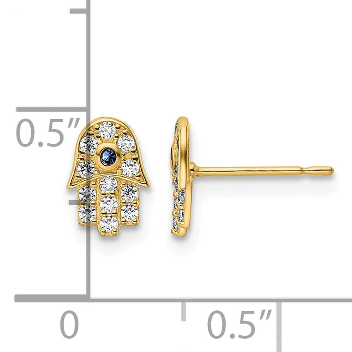 14K Yellow Gold Small CZ and Blue Glass Stone Hamsa Post Earrings