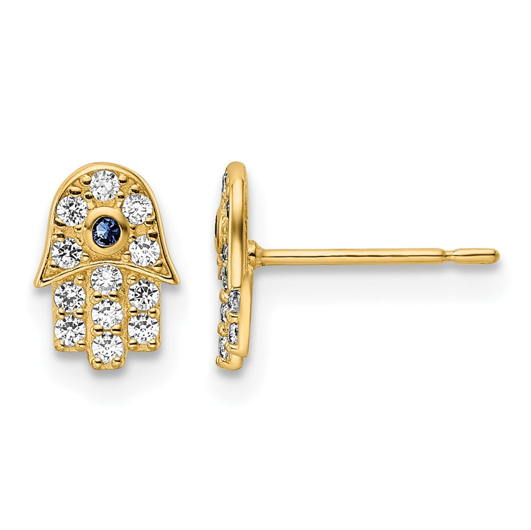 14K Yellow Gold Small CZ and Blue Glass Stone Hamsa Post Earrings