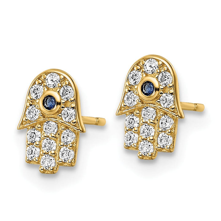 14K Yellow Gold Small CZ and Blue Glass Stone Hamsa Post Earrings