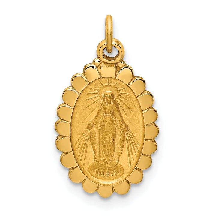 14K Yellow Gold Small Miraculous Medal Scalloped Edge Oval Pendant