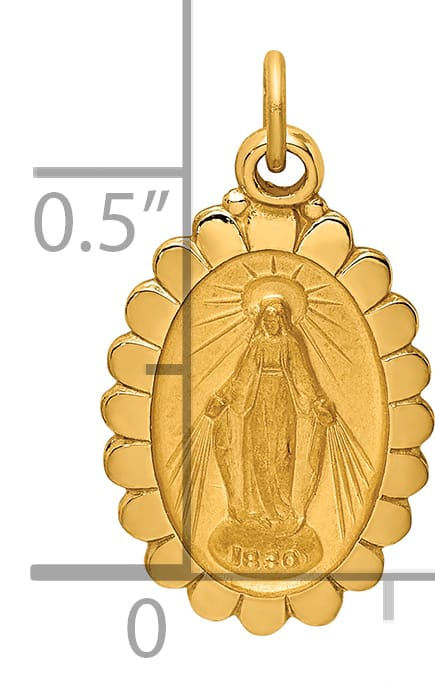 14K Yellow Gold Small Miraculous Medal Scalloped Edge Oval Pendant