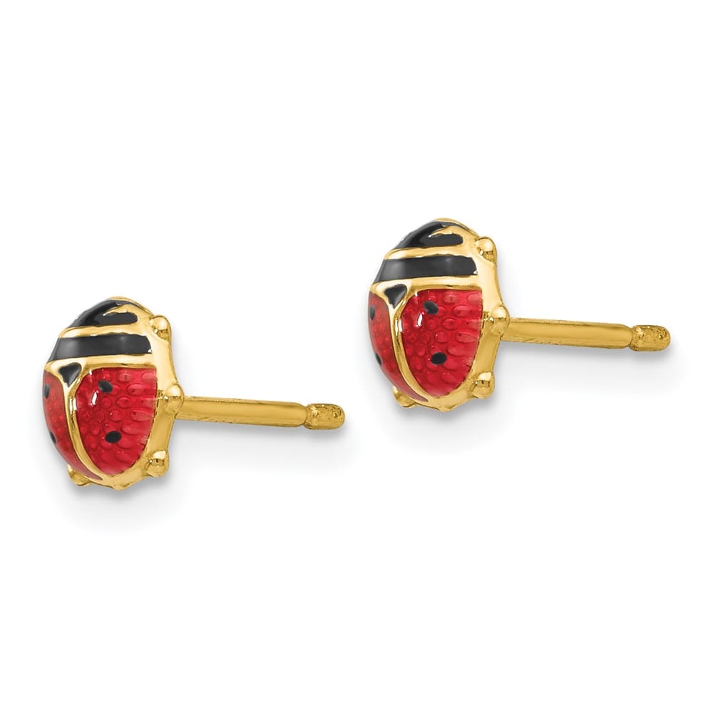 14K Yellow Gold Small Red and Black Enameled Ladybug Earrings, view 2 of 4