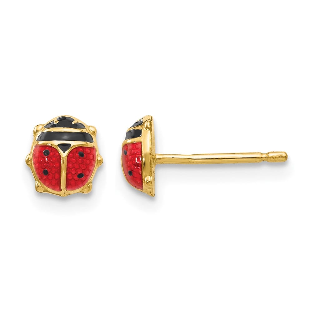 14K Yellow Gold Small Red and Black Enameled Ladybug Earrings, view 1 of 4