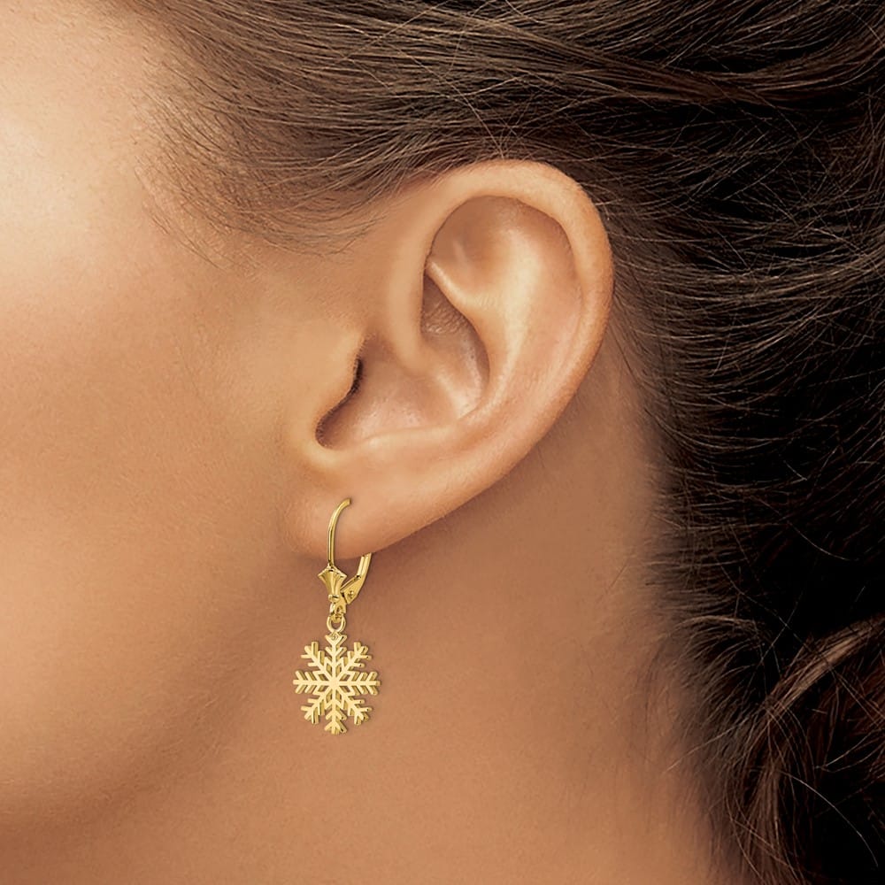 14K Yellow Gold Snowflake Dangle Leverback Earrings, view 3 of 4
