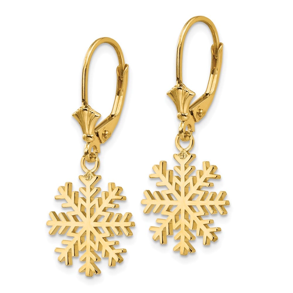 14K Yellow Gold Snowflake Dangle Leverback Earrings, view 2 of 4