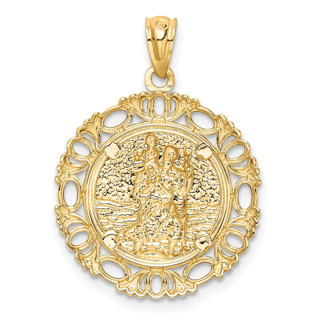 14K Yellow Gold Solid St. Christopher Medal Fancy Edge Round Pendant