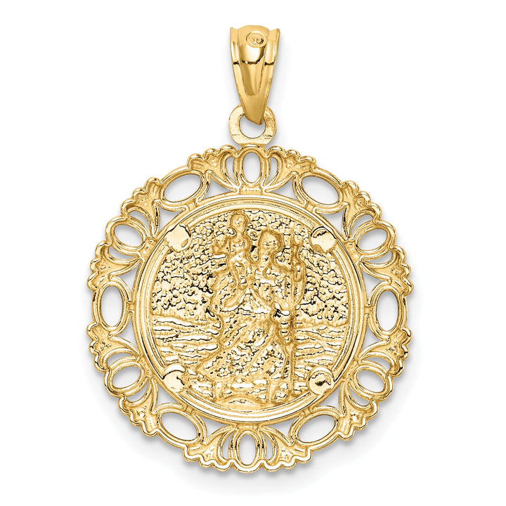 14K Yellow Gold Solid St. Christopher Medal Fancy Edge Round Pendant