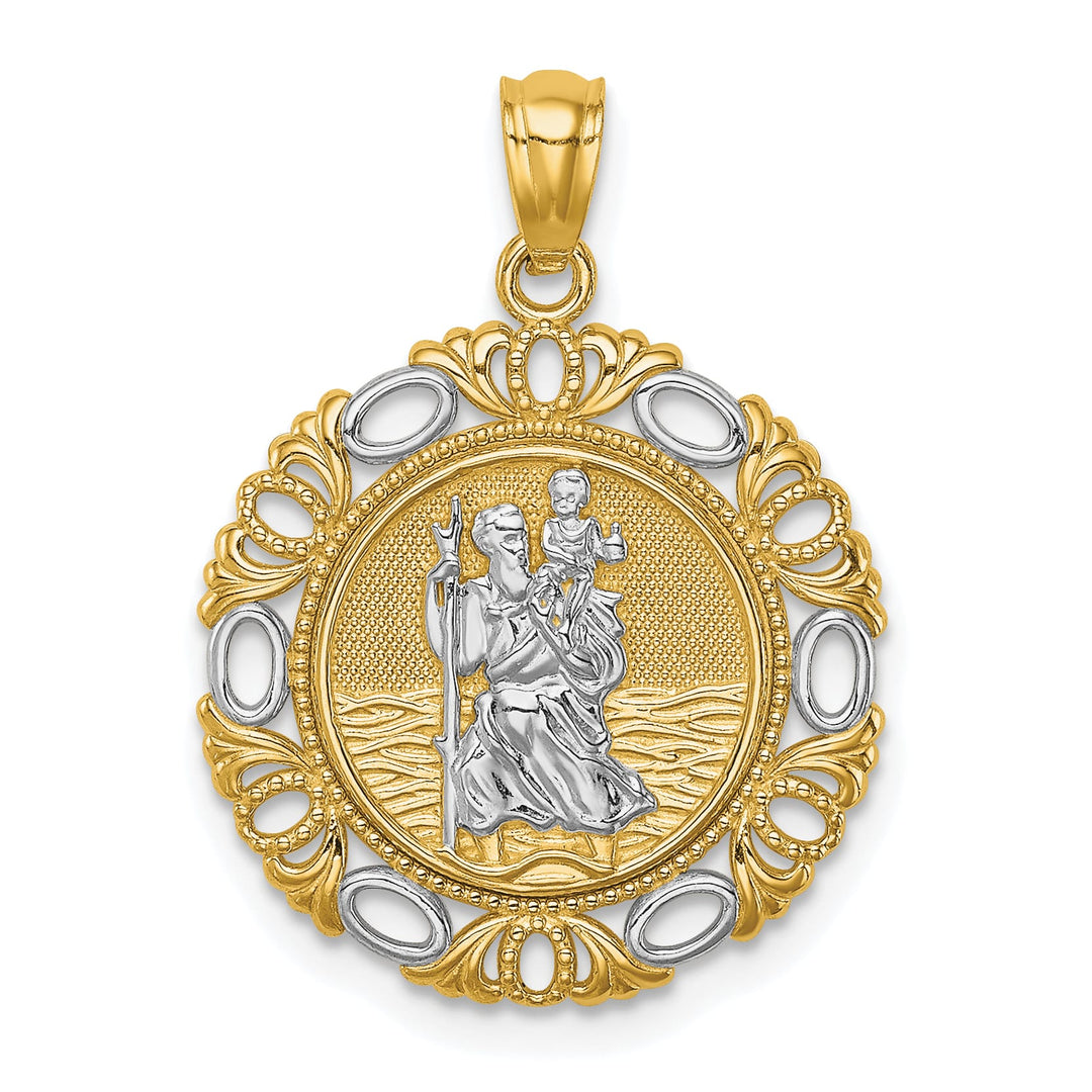 14K Yellow Gold Solid St. Christopher Medal Fancy Edge Round Pendant