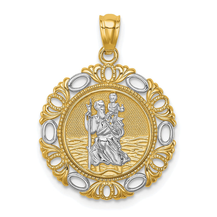14K Yellow Gold Solid St. Christopher Medal Fancy Edge Round Pendant