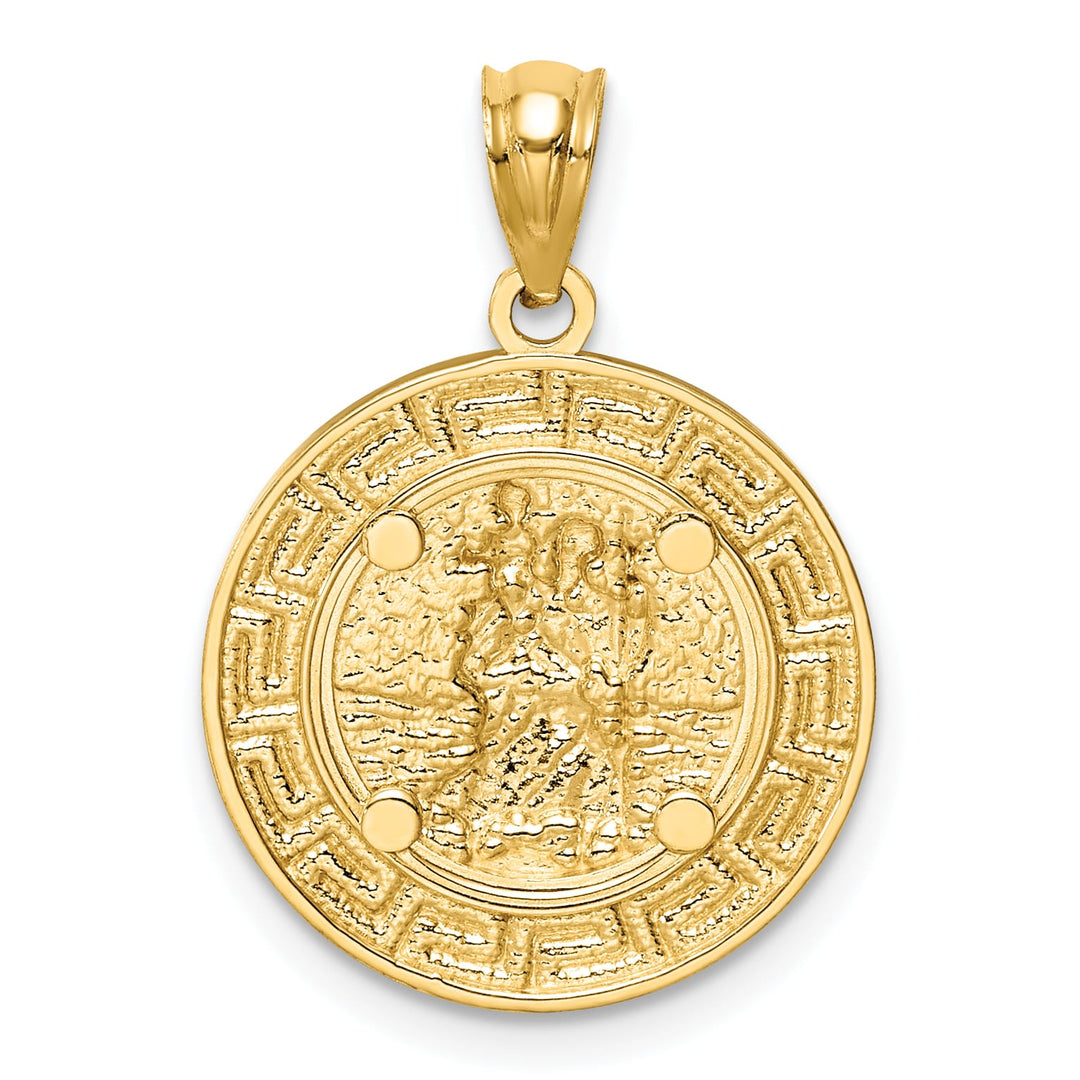 14K Yellow Gold St. Christopher Medal Greek Key Edge Round Pendant