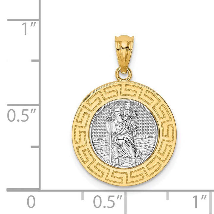 14K Yellow Gold St. Christopher Medal Greek Key Edge Round Pendant