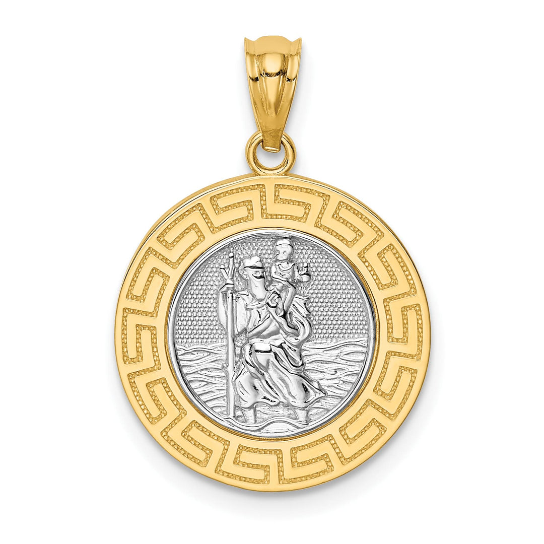 14K Yellow Gold St. Christopher Medal Greek Key Edge Round Pendant
