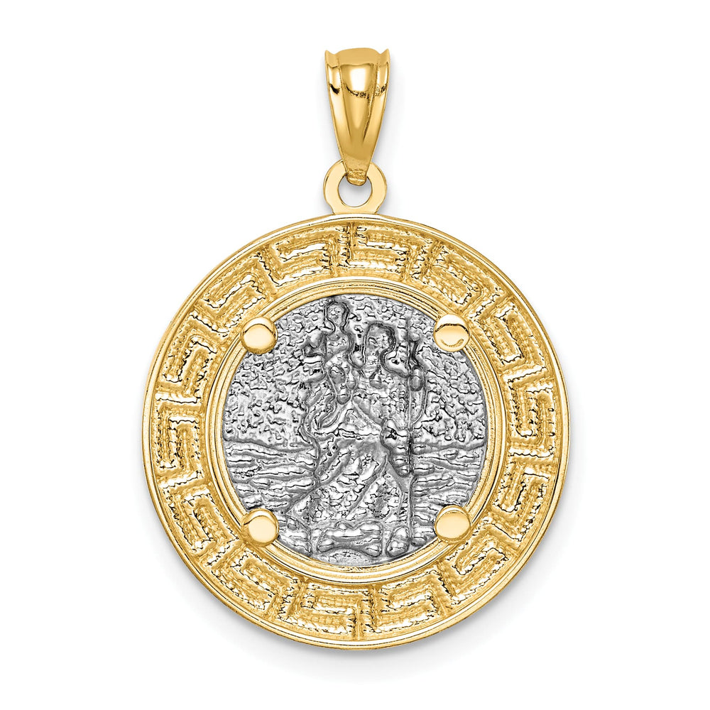 14K Yellow Gold St. Christopher Medal Greek Key Edge Round Pendant