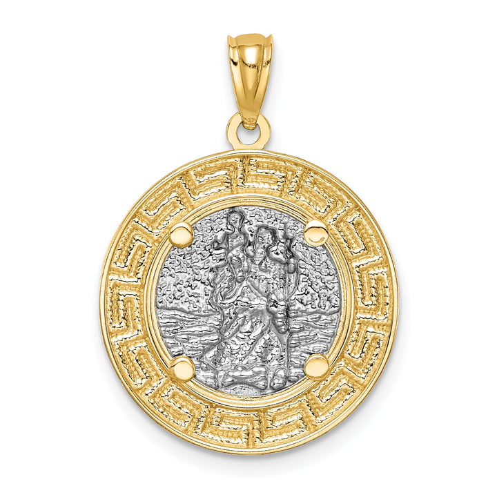 14K Yellow Gold St. Christopher Medal Greek Key Edge Round Pendant