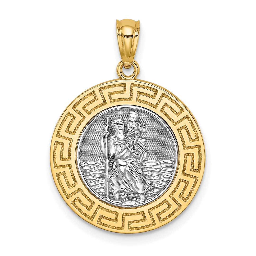 14K Yellow Gold St. Christopher Medal Greek Key Edge Round Pendant