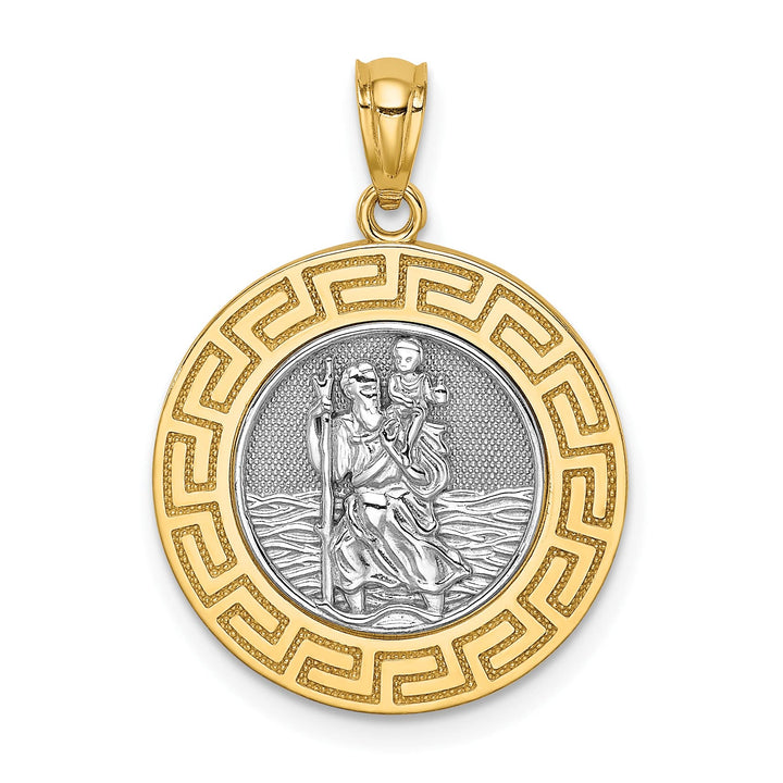14K Yellow Gold St. Christopher Medal Greek Key Edge Round Pendant