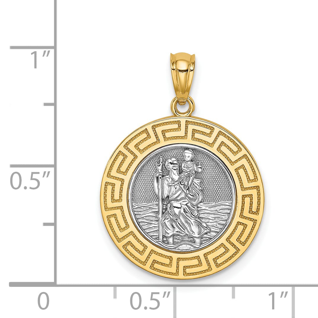 14K Yellow Gold St. Christopher Medal Greek Key Edge Round Pendant