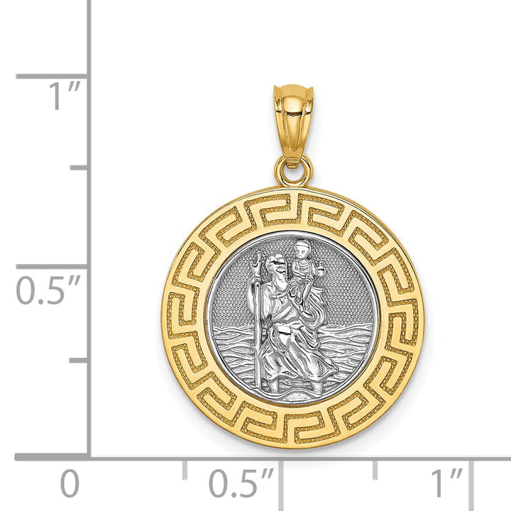 14K Yellow Gold St. Christopher Medal Greek Key Edge Round Pendant