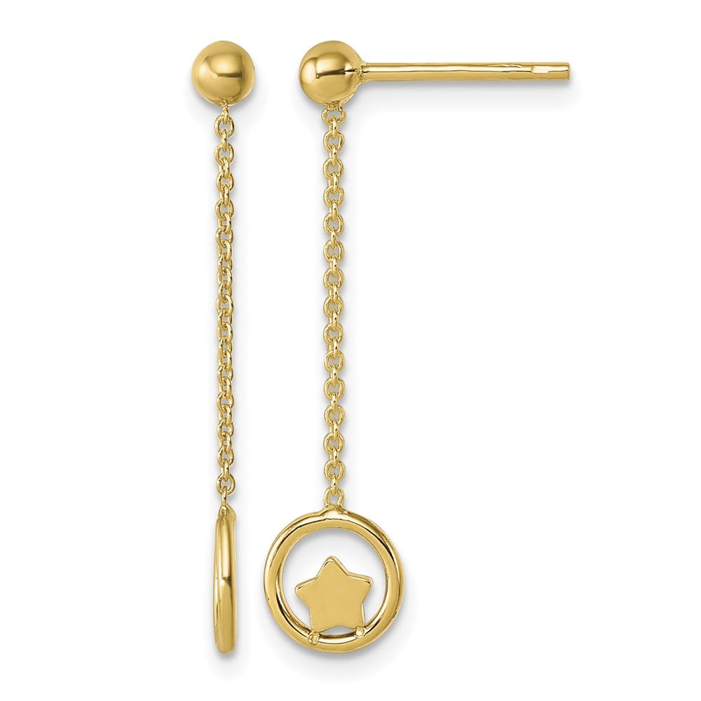 14K Yellow Gold Star in Circle with Chain Dangle Post Earrings, view 1 of 3