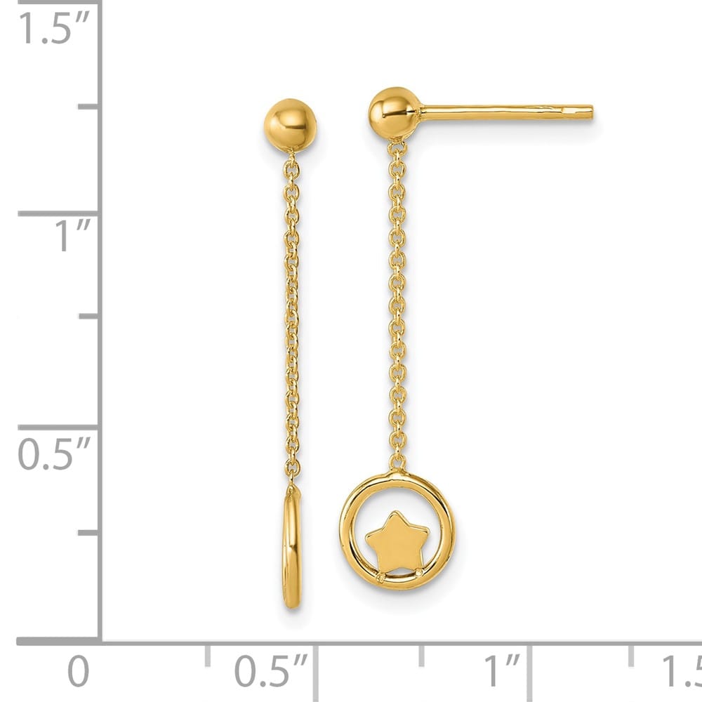 14K Yellow Gold Star in Circle with Chain Dangle Post Earrings, view 3 of 3