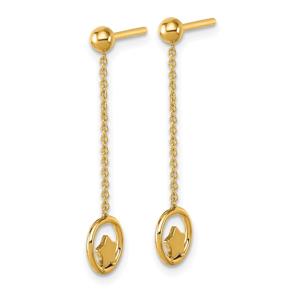14K Yellow Gold Star in Circle with Chain Dangle Post Earrings, view 2 of 3