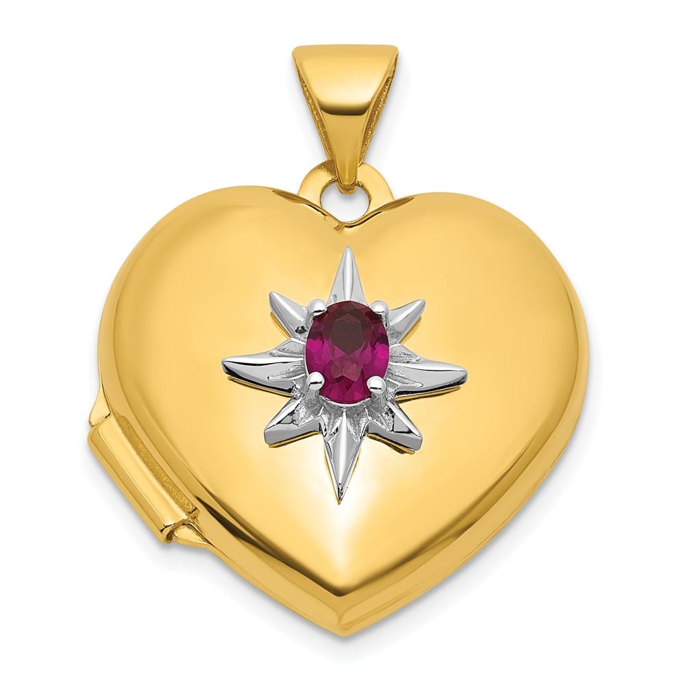 14K Yellow Gold Starburst and Round Lab Created Ruby 18mm Heart Locket
