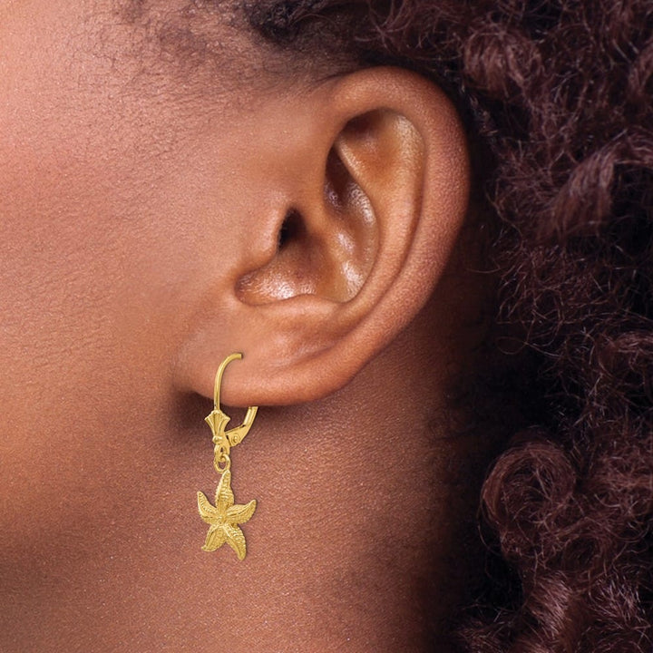 14K Yellow Gold Starfish Leverback Earrings, view 3 of 4