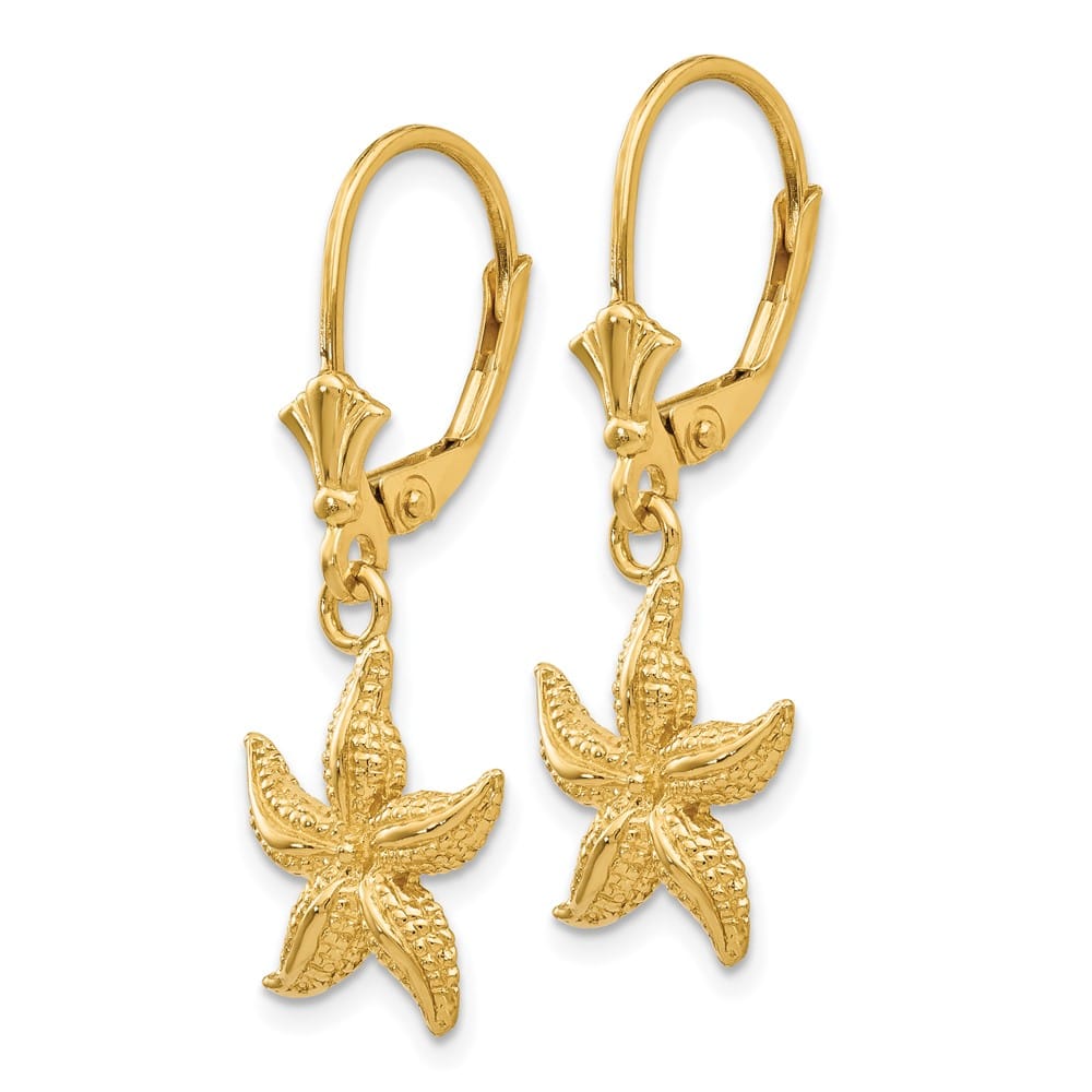 14K Yellow Gold Starfish Leverback Earrings, view 2 of 4