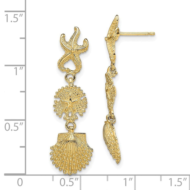 14K Yellow Gold Starfish, Sand Dollar ,Scallop Shell Dangle Earrings, view 4 of 4