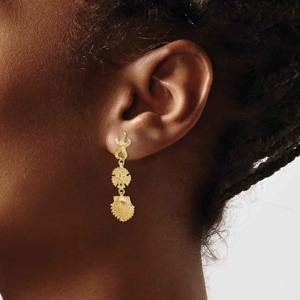 14K Yellow Gold Starfish, Sand Dollar ,Scallop Shell Dangle Earrings, view 3 of 4