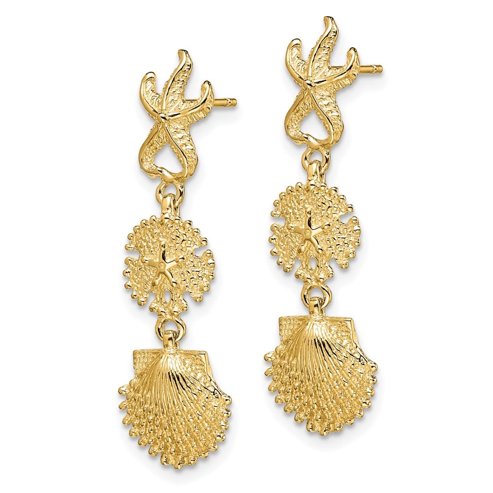 14K Yellow Gold Starfish, Sand Dollar ,Scallop Shell Dangle Earrings, view 2 of 4