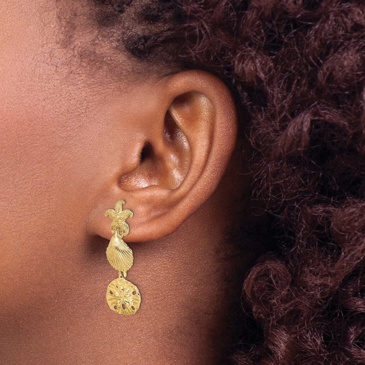 14K Yellow Gold Starfish, Shell ,Sand Dollar Dangle Earrings, view 3 of 4