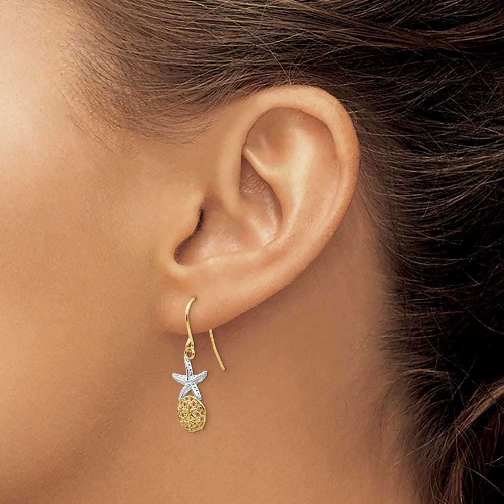 14K Yellow Gold Starfish with Sand Dollar Shepherd Hook Earrings, view 3 of 4