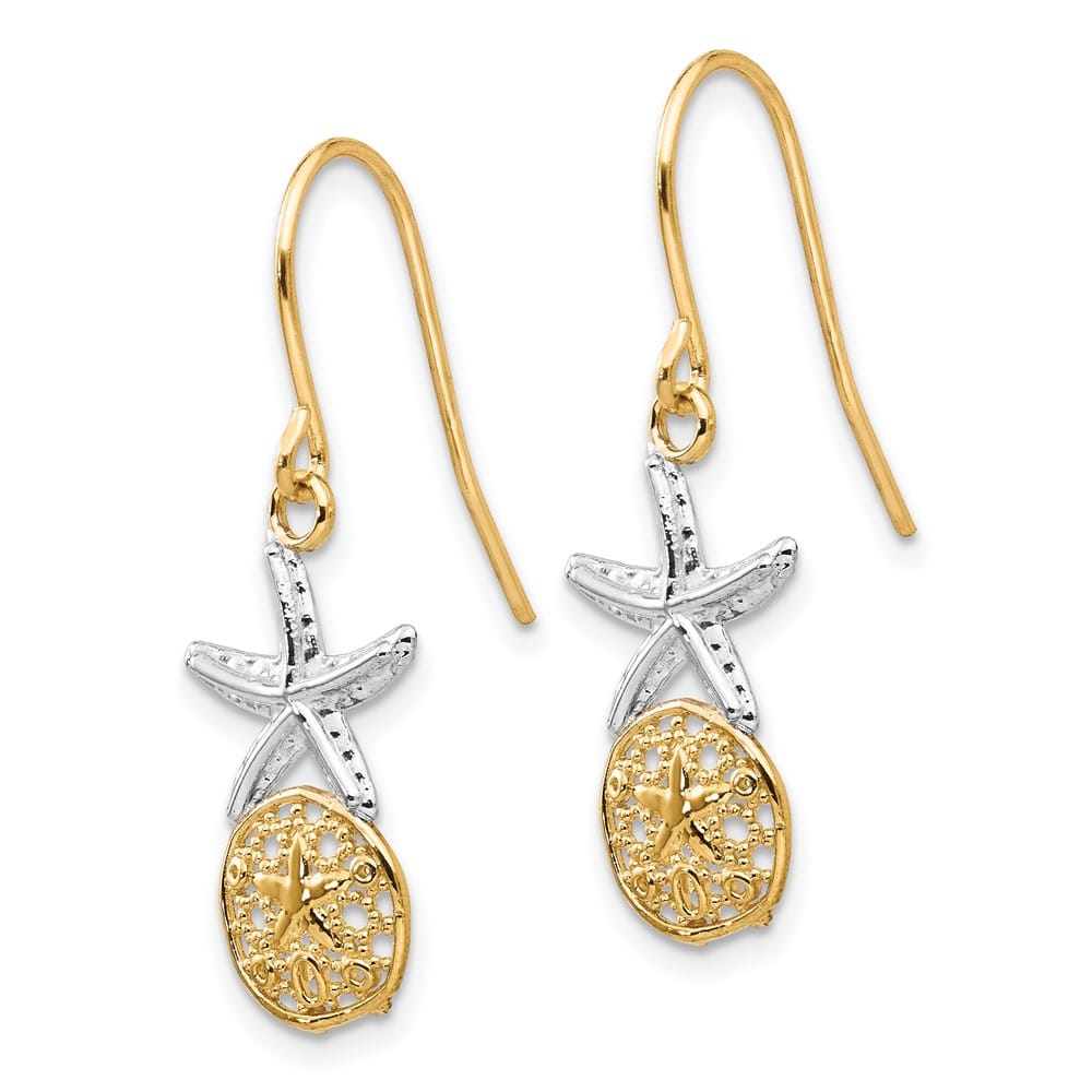 14K Yellow Gold Starfish with Sand Dollar Shepherd Hook Earrings, view 2 of 4