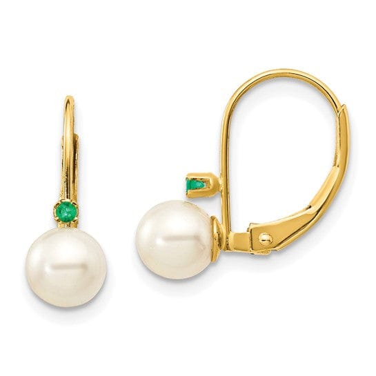 14K Yellow Gold Stunning 5-5.5mm Freshwater Pearl Emerald Leverbacks