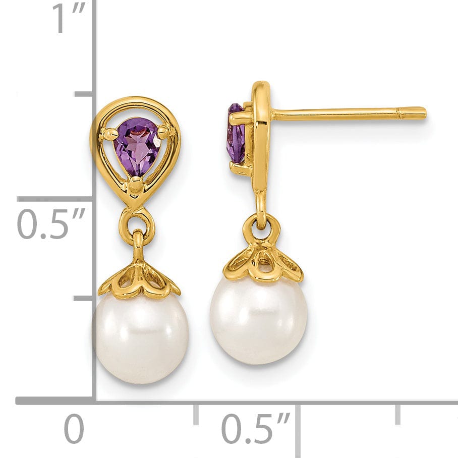 14K Yellow Gold Stylish 6-7mm Freshwater Pearl Amethyst Studs