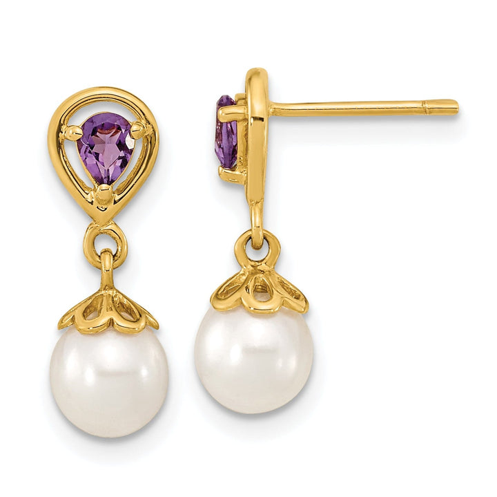 14K Yellow Gold Stylish 6-7mm Freshwater Pearl Amethyst Studs