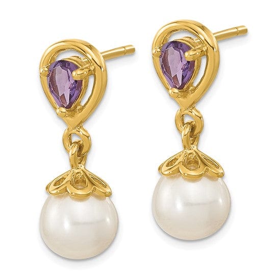 14K Yellow Gold Stylish 6-7mm Freshwater Pearl Amethyst Studs