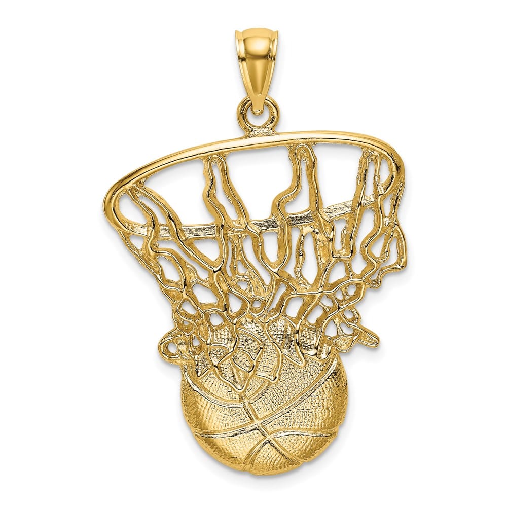 14K Yellow Gold Swoosh Basketball and Net Pendant