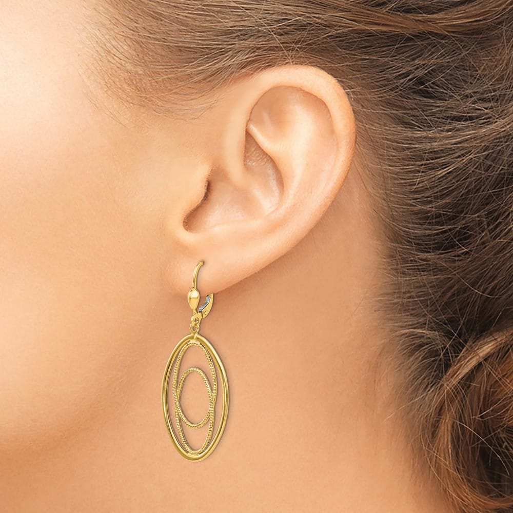 14K Yellow Gold Textured and Oval Design Dangle Leverback Earrings, view 3 of 4