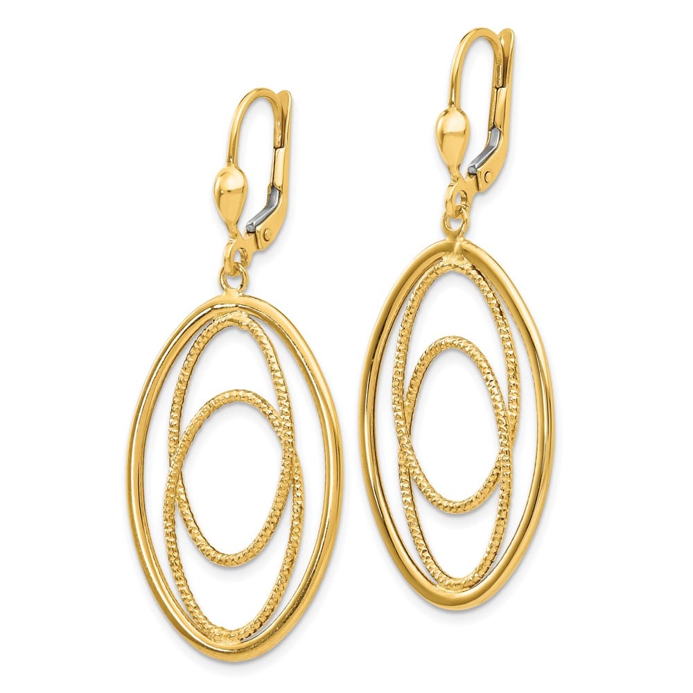 14K Yellow Gold Textured and Oval Design Dangle Leverback Earrings, view 2 of 4