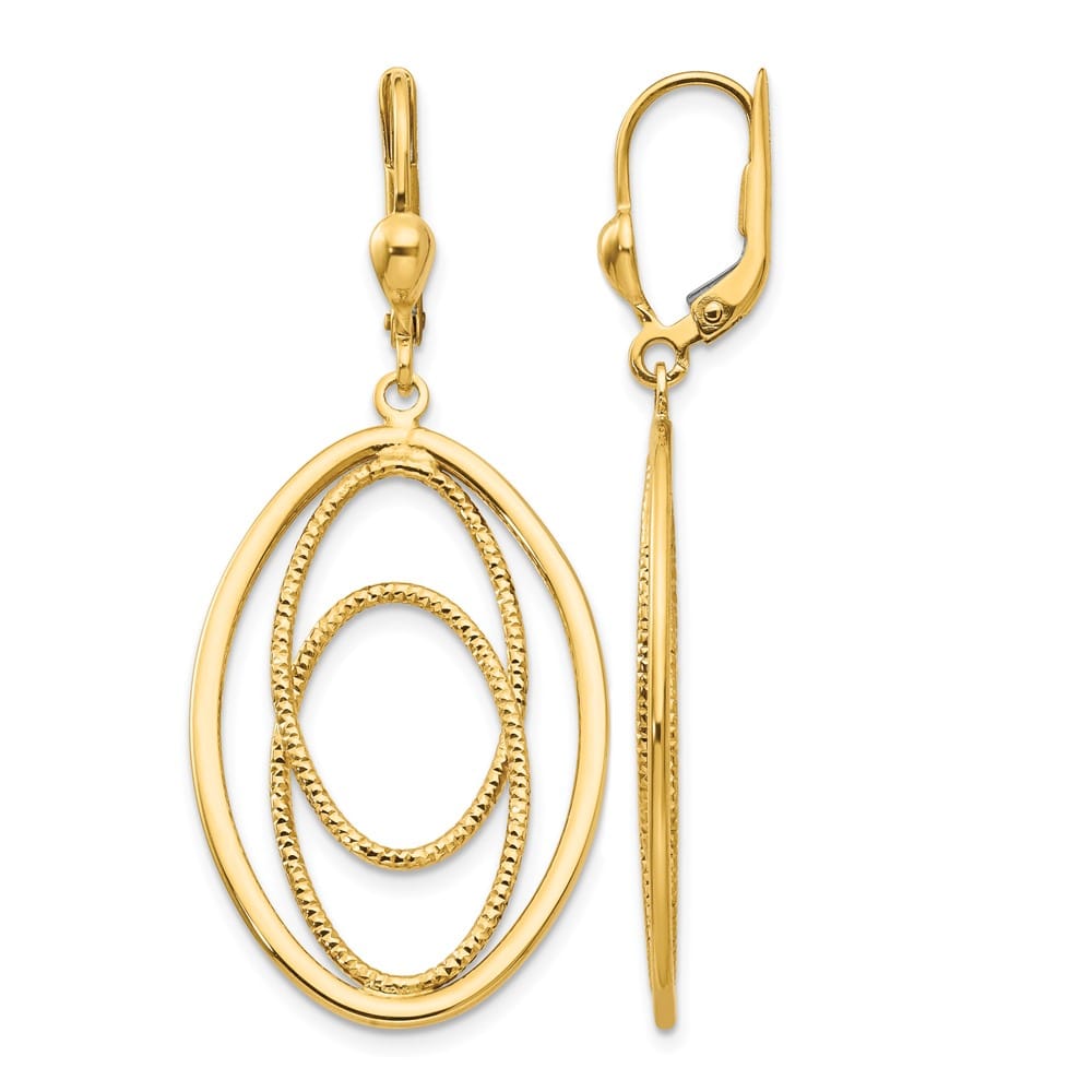 14K Yellow Gold Textured and Oval Design Dangle Leverback Earrings, view 1 of 4