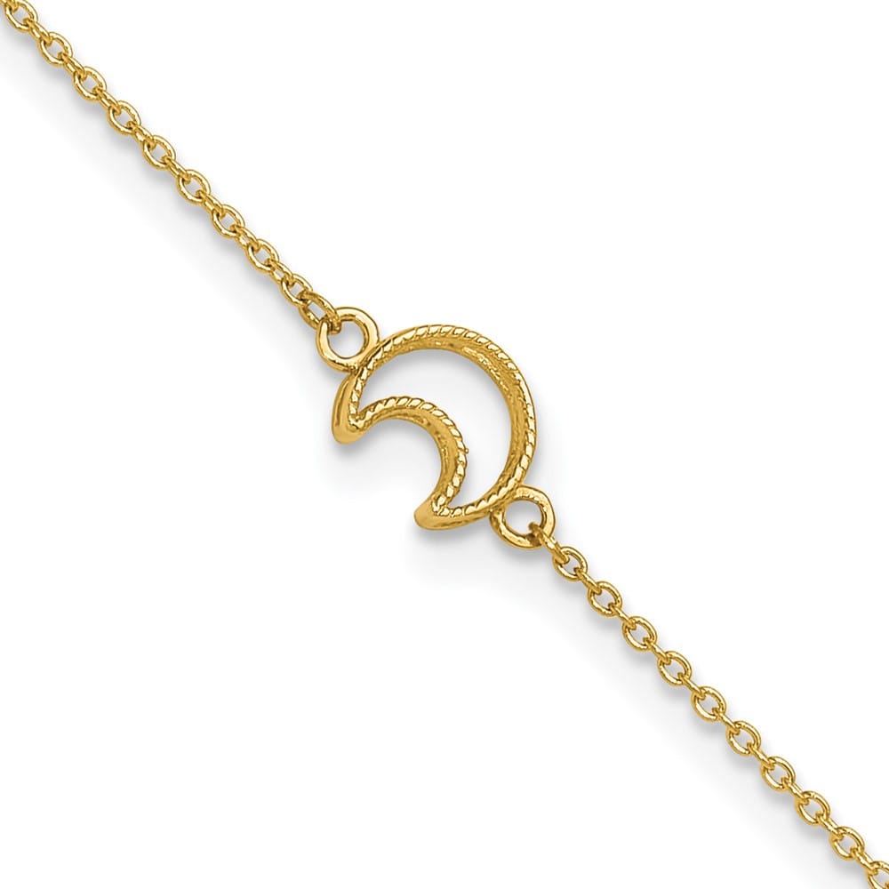 14K Yellow Gold Textured and Polished Crescent Moon Anklet — solid 14K yellow gold, 9 inches long, 1 inch extension, 0.8 mm wide, spring ring clasp, 1.31 g
