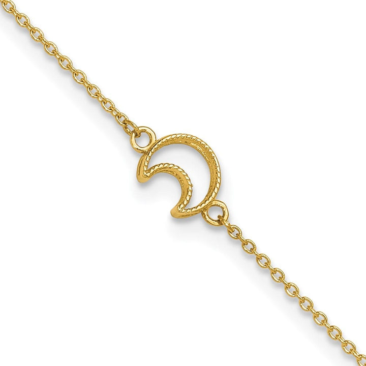 14K Yellow Gold Textured and Polished Crescent Moon Anklet — solid 14K yellow gold, 9 inches long, 1 inch extension, 0.8 mm wide, spring ring clasp, 1.31 g
