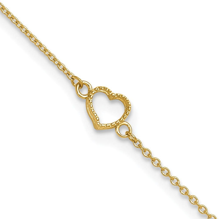 14K Yellow Gold Textured and Polished Open Heart Anklet — solid 14K yellow gold, 9 inches long, 1 inch extension, 1 mm wide, spring ring clasp, 1.14 g