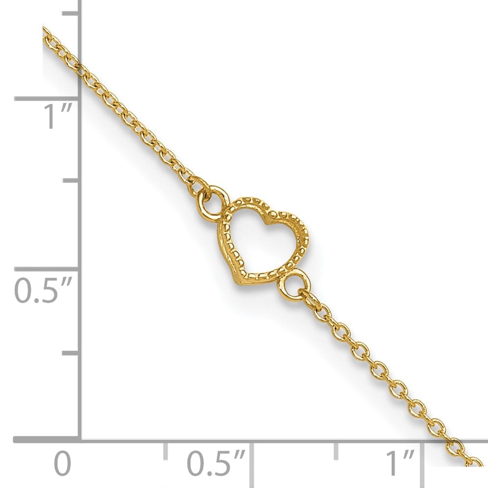 14K Yellow Gold Textured and Polished Open Heart Anklet