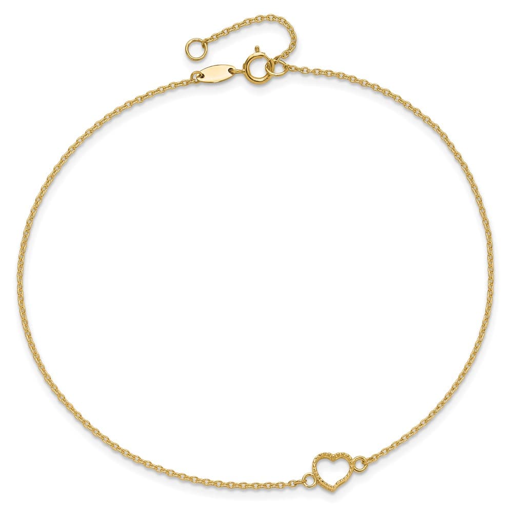 14K Yellow Gold Textured and Polished Open Heart Anklet