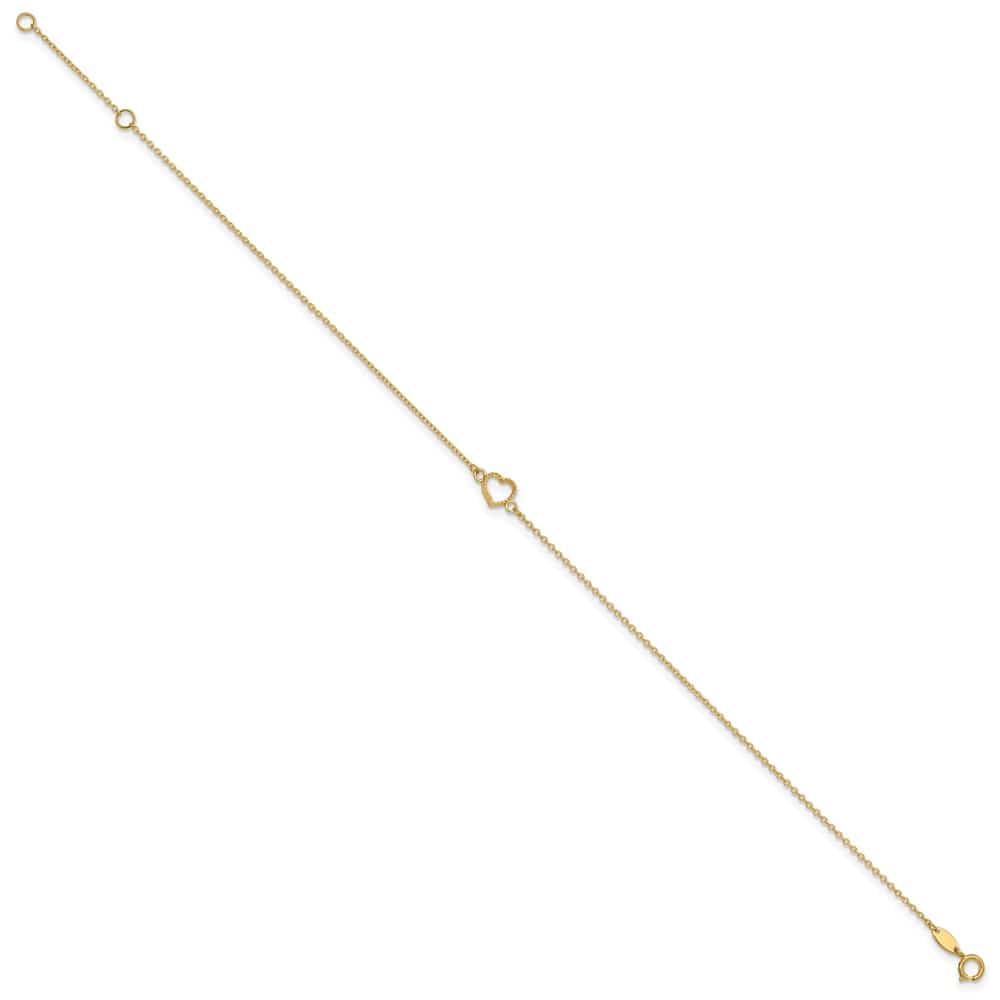 14K Yellow Gold Textured and Polished Open Heart Anklet