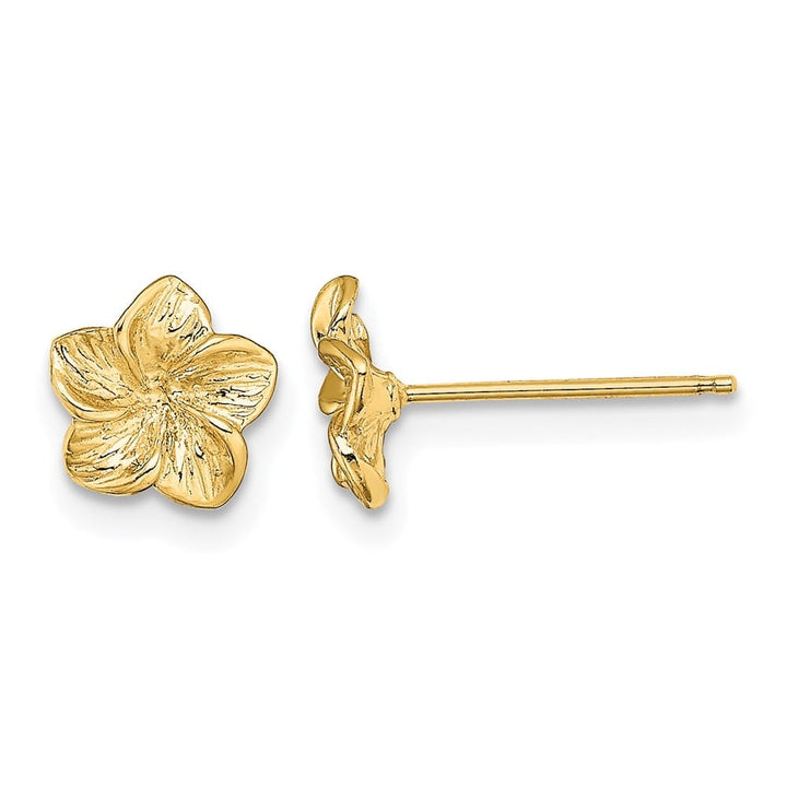 14K Yellow Gold Textured Plumeria Flower Post Earrings, view 1 of 4